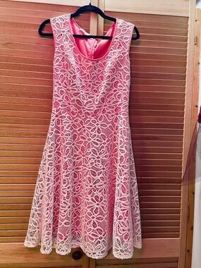 London Times Pink Lace Overlay Fit and Flare Midi Dress, Size 6